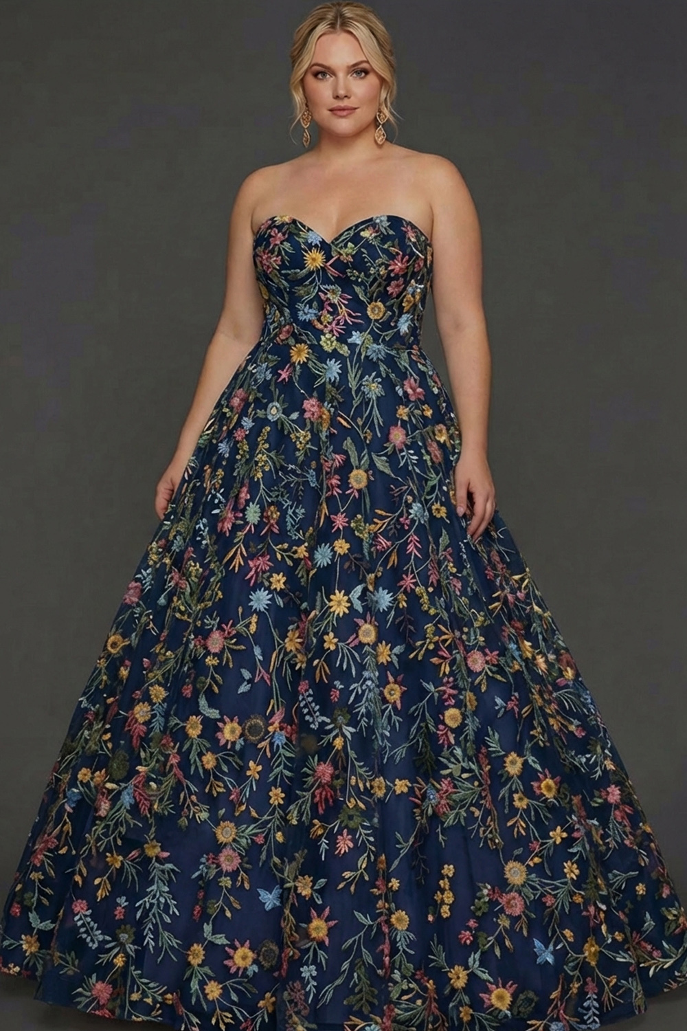 Plus Size Floral Mauve Sweetheart Ball Gown Maxi Prom Dress with Embroidery