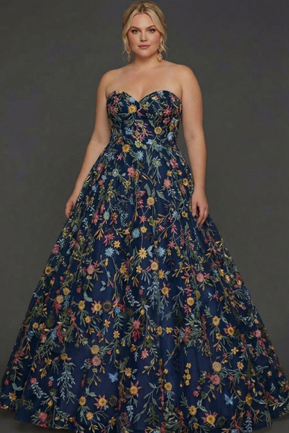 Plus Size Floral Mauve Sweetheart Ball Gown Maxi Prom Dress with Embroidery