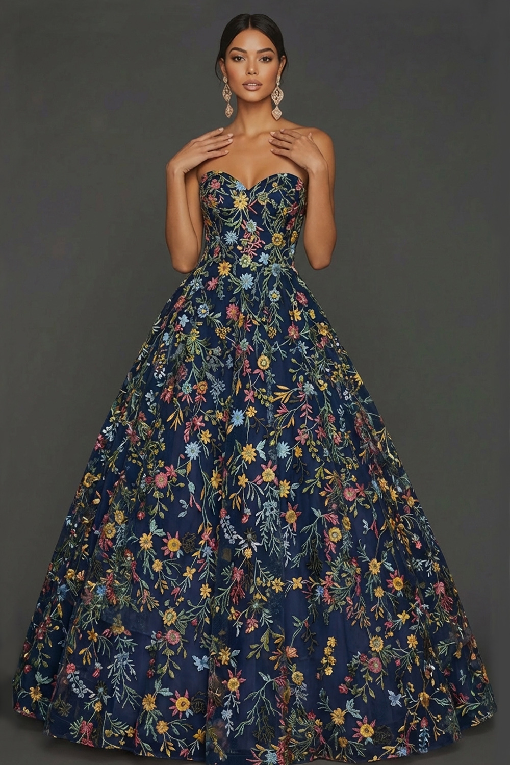Floral Mauve Sweetheart Ball Gown Maxi Prom Dress