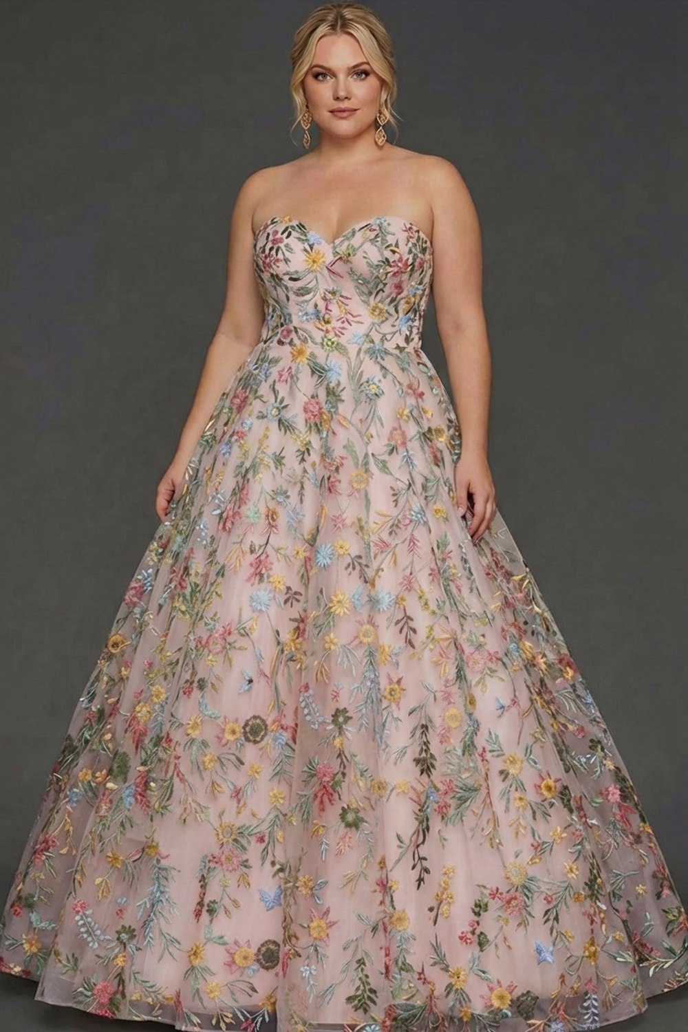 Plus Size Floral Mauve Sweetheart Ball Gown Maxi Prom Dress with Embroidery
