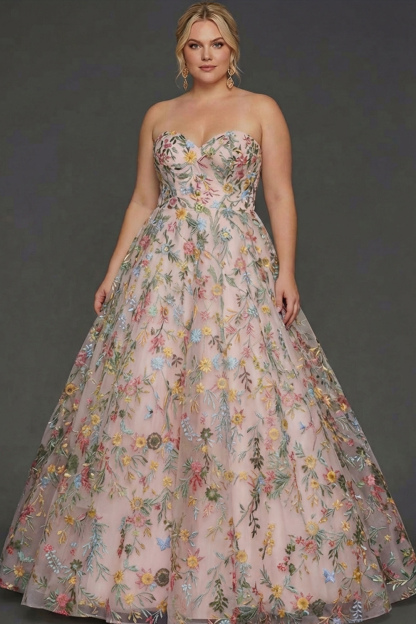 Plus Size Floral Mauve Sweetheart Ball Gown Maxi Prom Dress with Embroidery