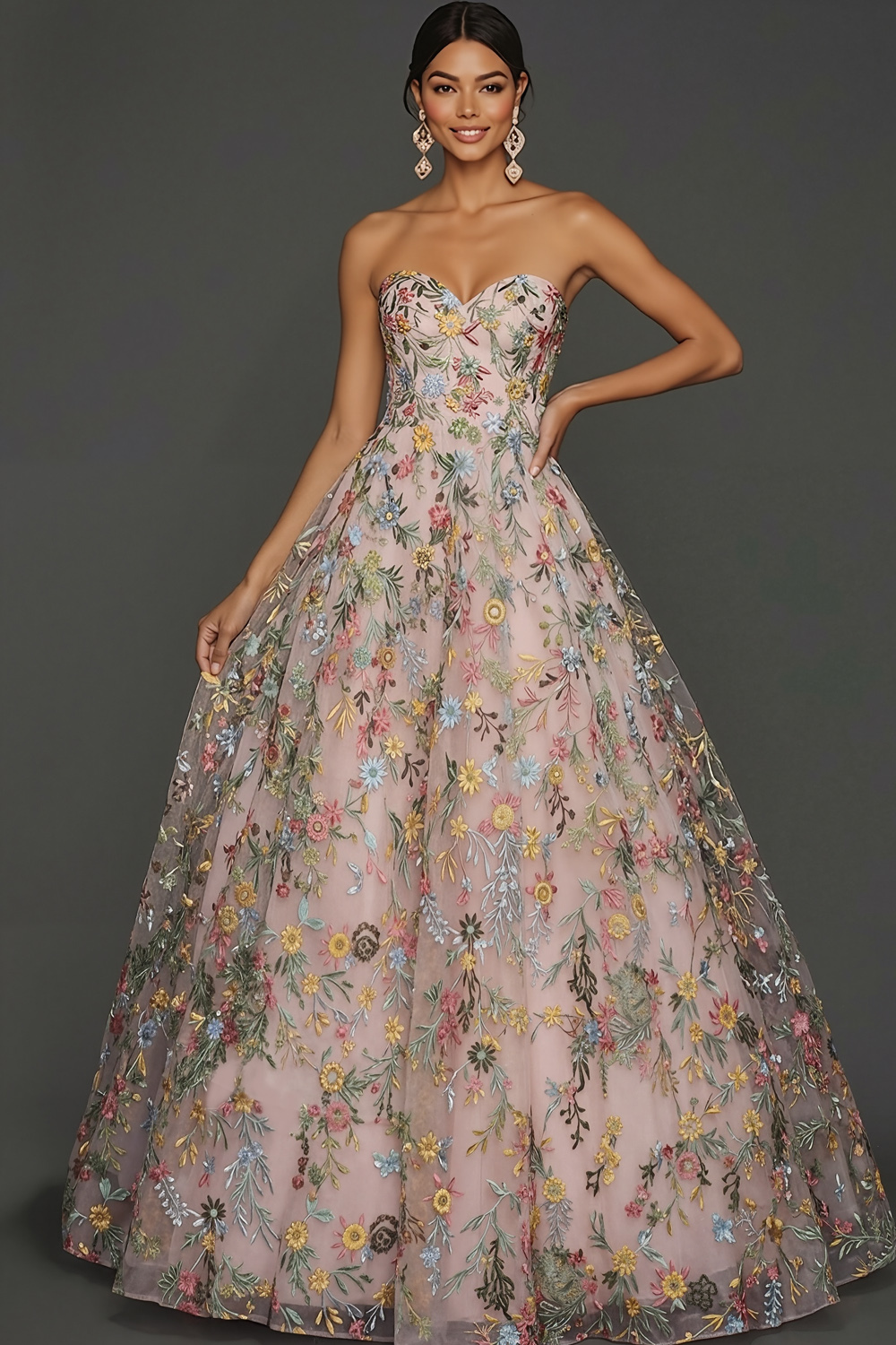 Floral Mauve Sweetheart Ball Gown Maxi Prom Dress