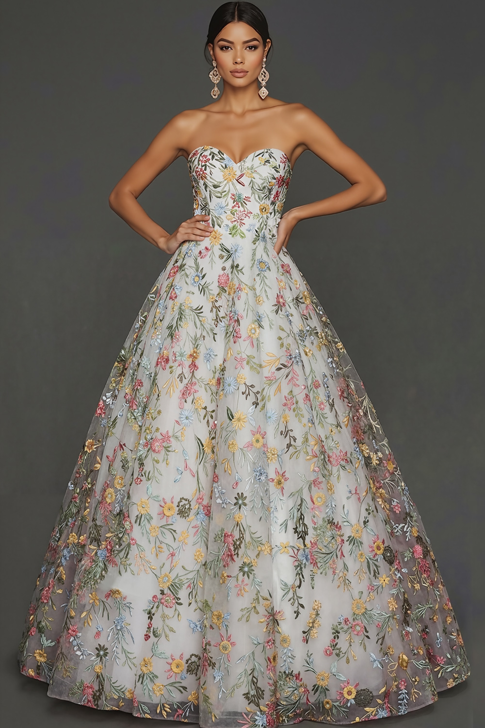 Floral Mauve Sweetheart Ball Gown Maxi Prom Dress