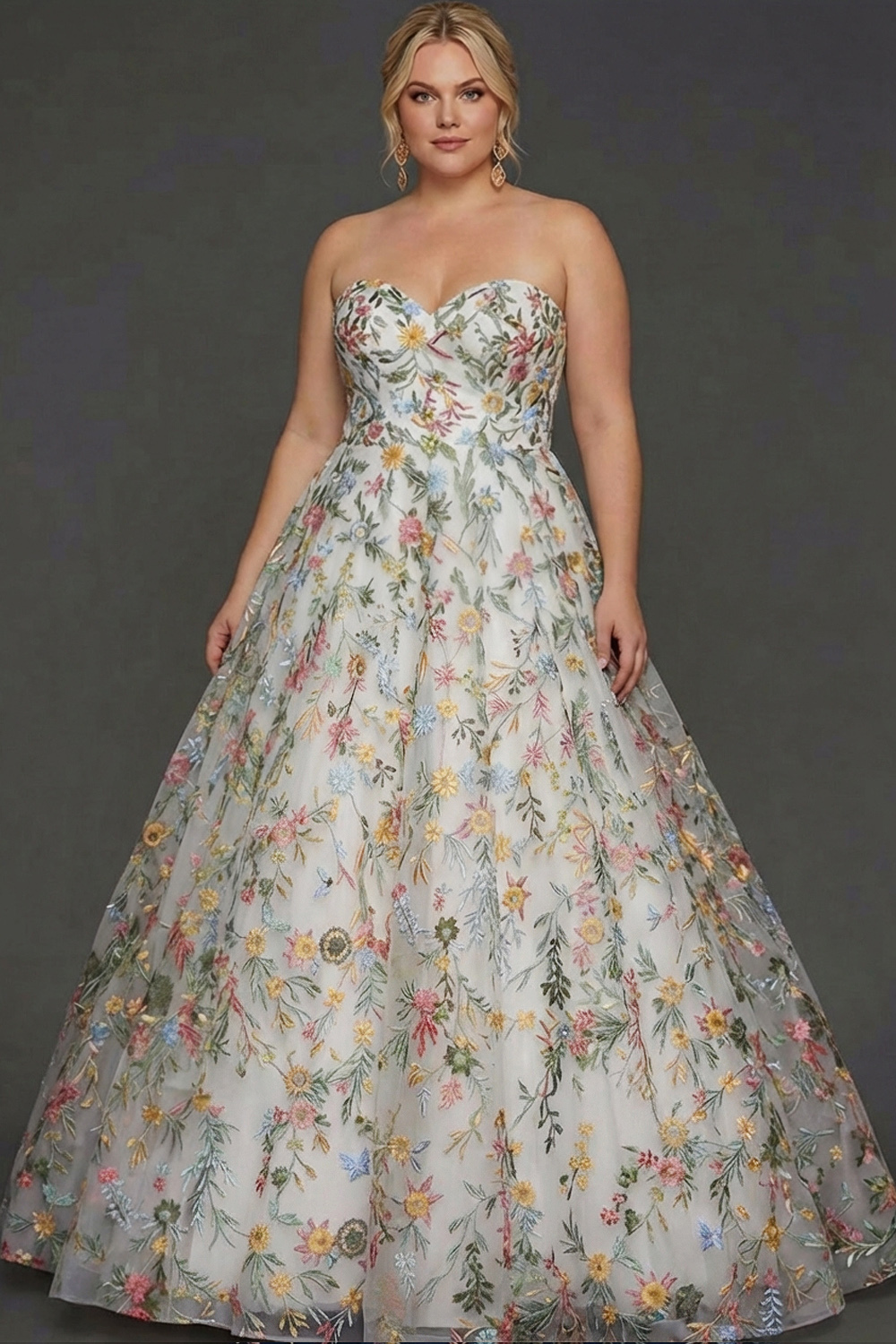 Plus Size Floral Mauve Sweetheart Ball Gown Maxi Prom Dress with Embroidery