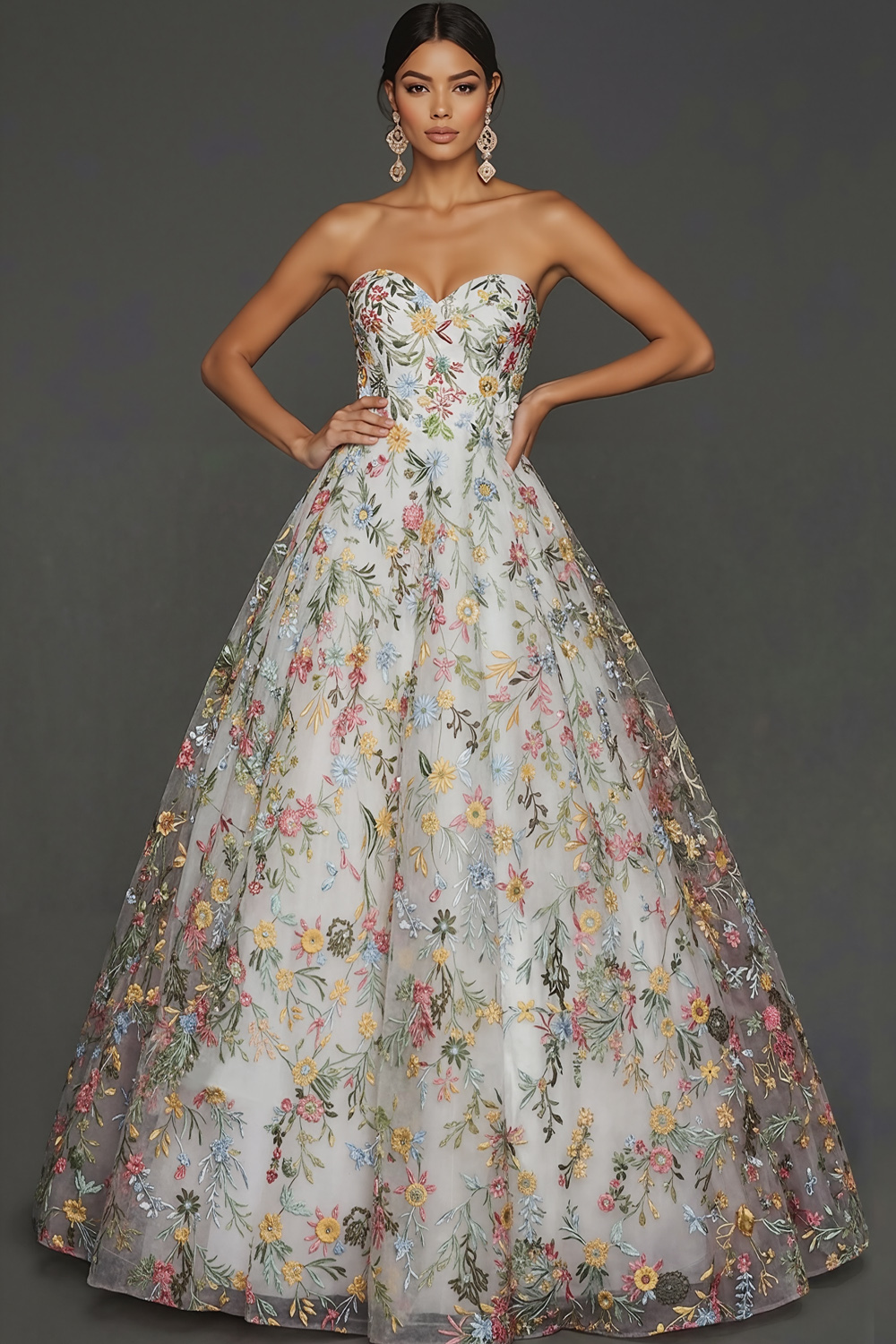 Floral Mauve Sweetheart Ball Gown Maxi Prom Dress