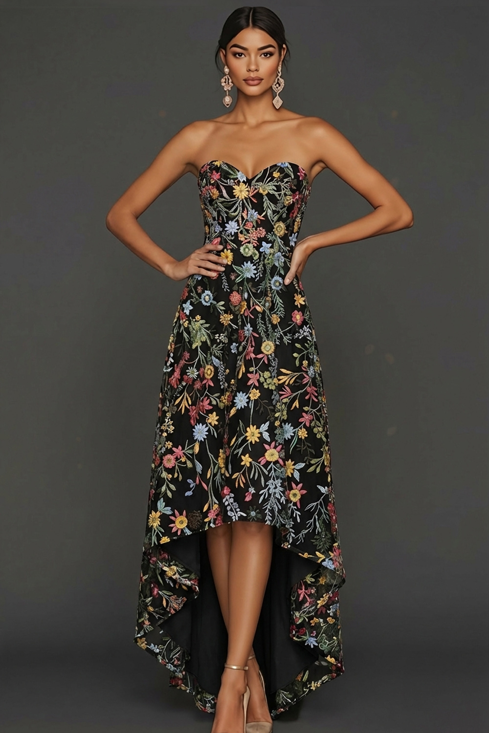 Floral Mauve Sweetheart A Line Asymmetrical Prom Dress