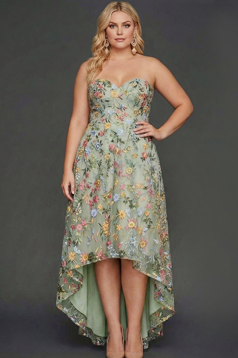 Floral Mauve Sweetheart A Line High Low Plus Size Wedding Guest Dress