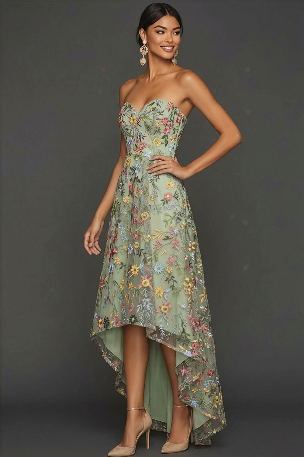 Floral Mauve Sweetheart A Line Asymmetrical Prom Dress
