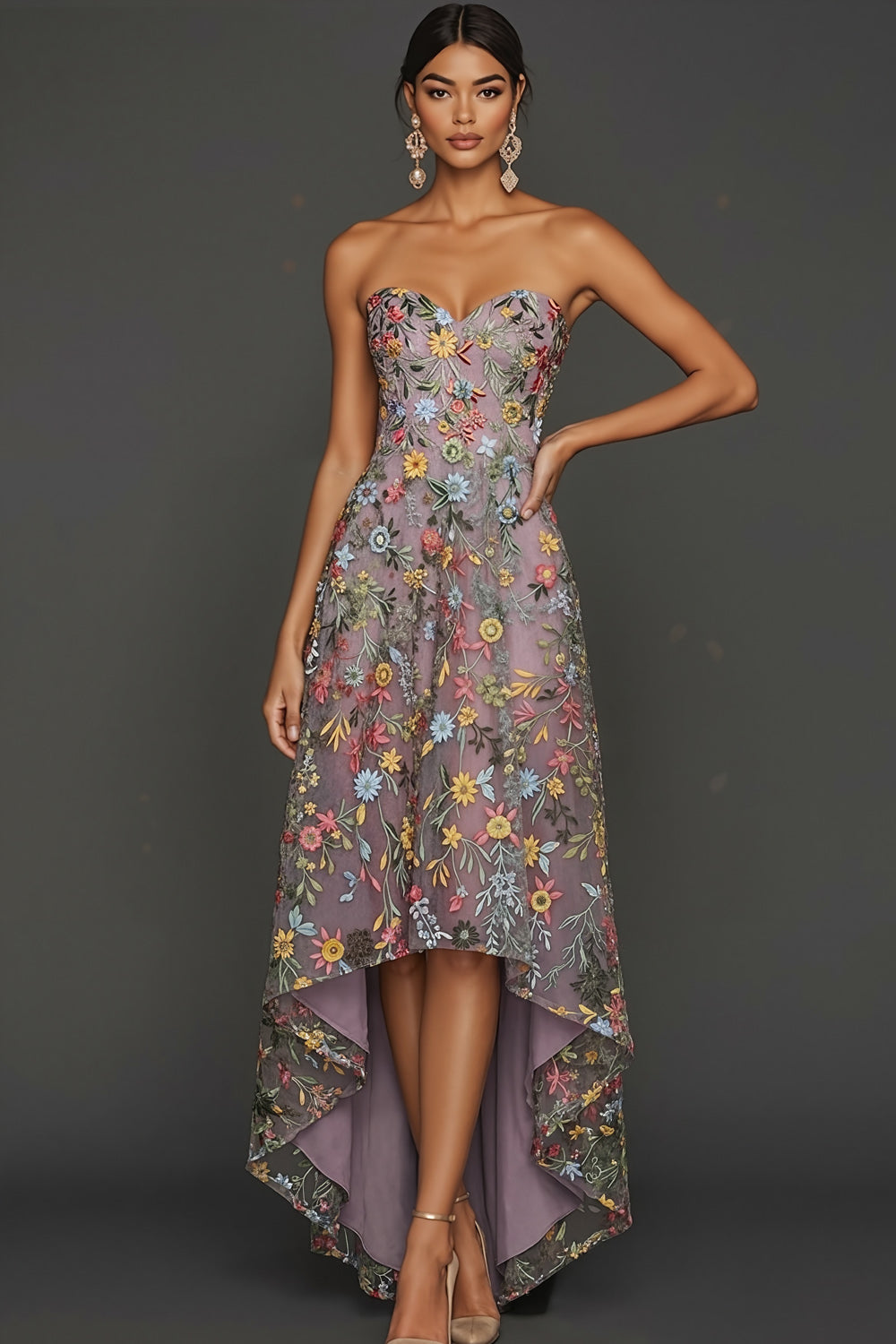 Floral Mauve Sweetheart A Line Asymmetrical Prom Dress