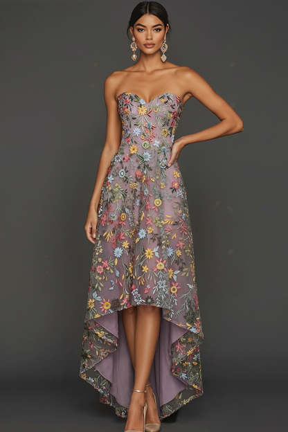 Leely Women Floral Mauve Asymmetrical Prom Dress Sweetheart Embroidered A Line Gala Dress