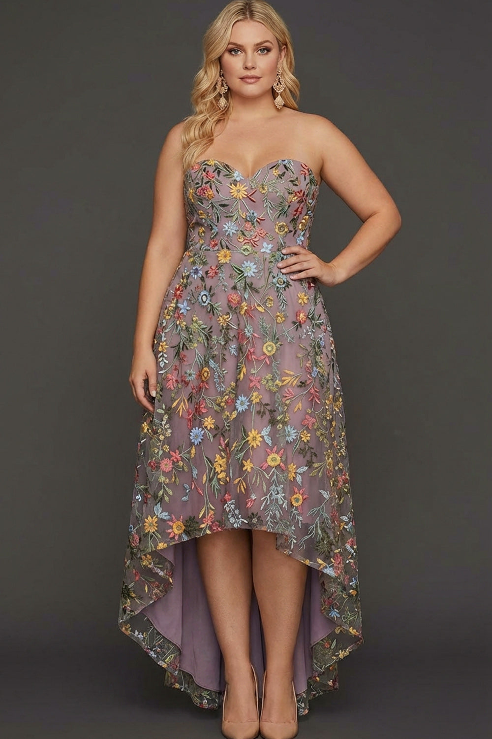 Floral Mauve Sweetheart A Line High Low Plus Size Wedding Guest Dress