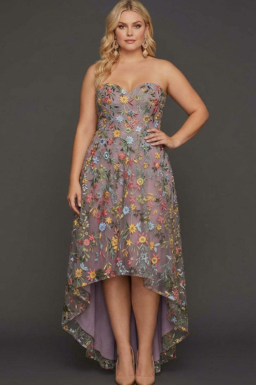 Leely Women Floral Mauve Plus Size Asymmetrical Prom Dress Sweetheart Embroidered A Line Gala Dress