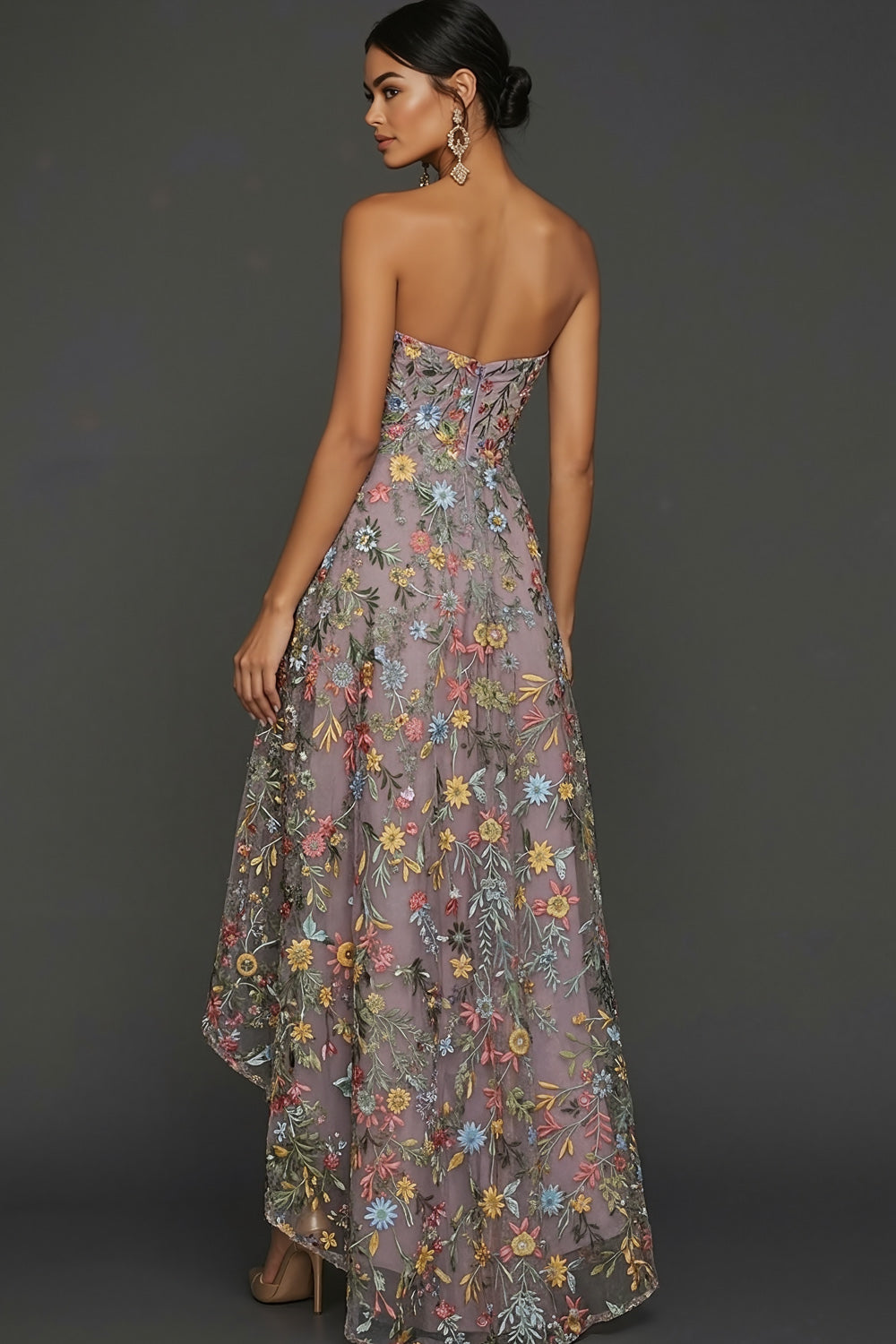 Floral Mauve Sweetheart A Line Asymmetrical Prom Dress