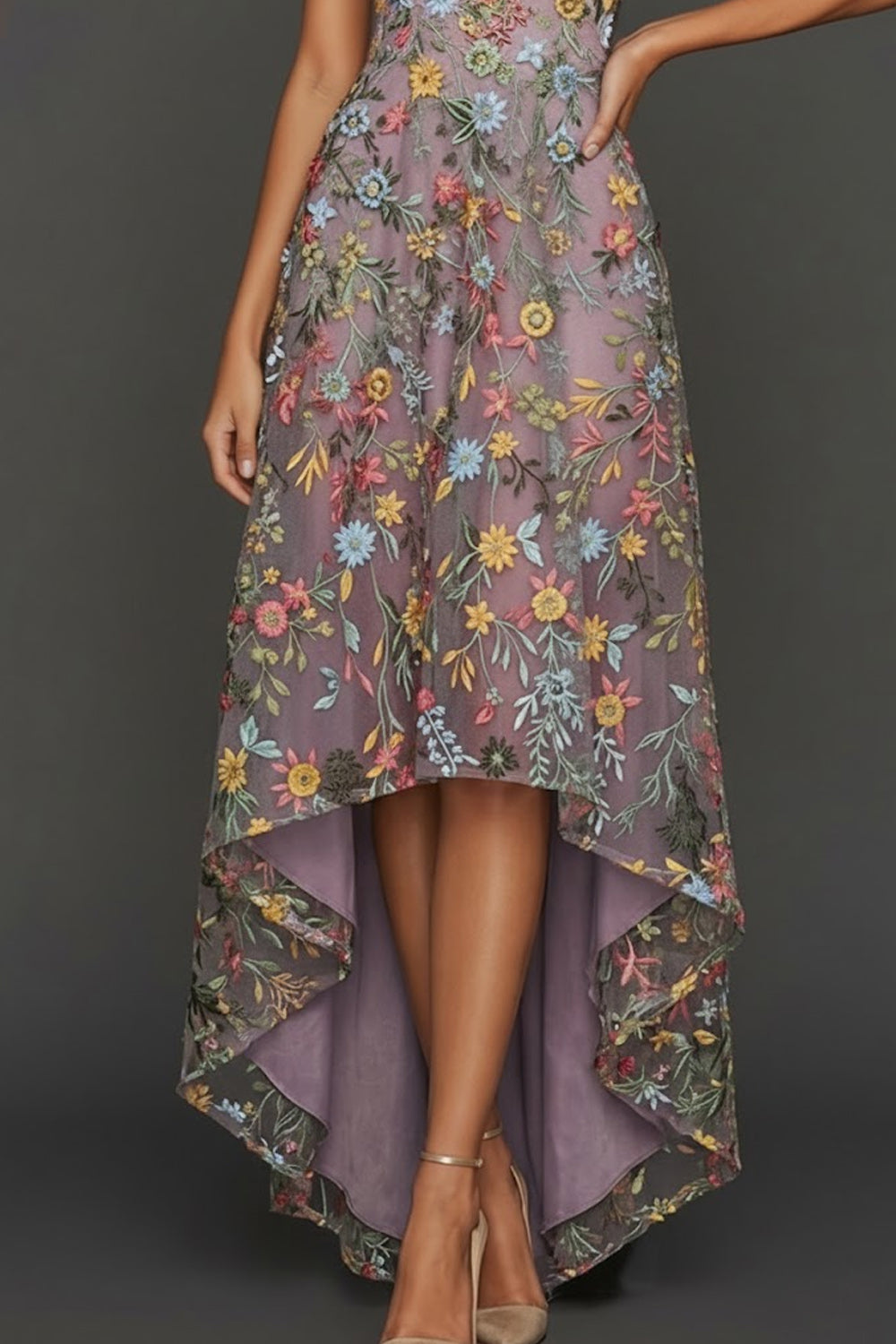 Floral Mauve Sweetheart A Line Asymmetrical Prom Dress