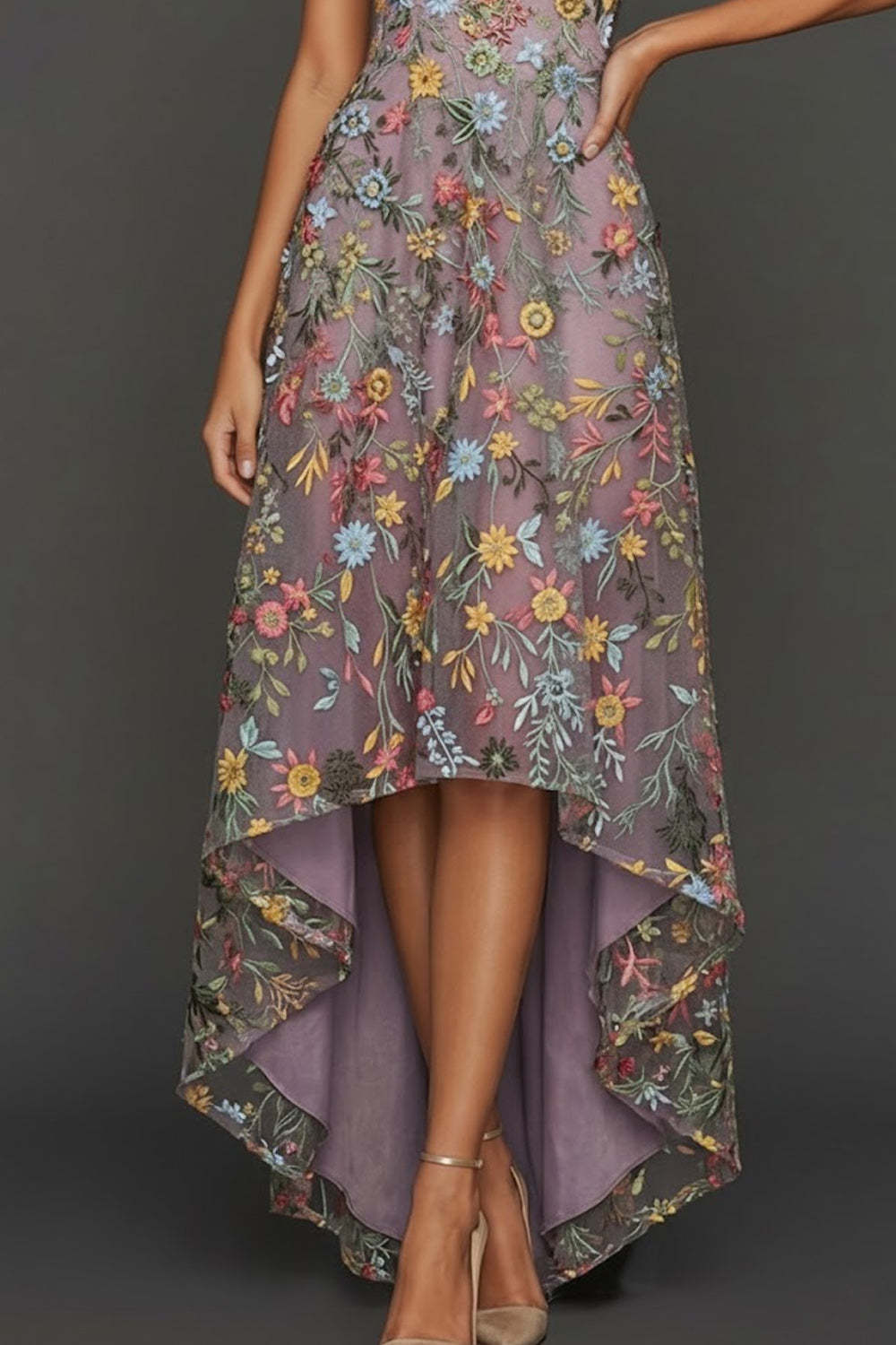 Floral Mauve Sweetheart A Line Asymmetrical Prom Dress