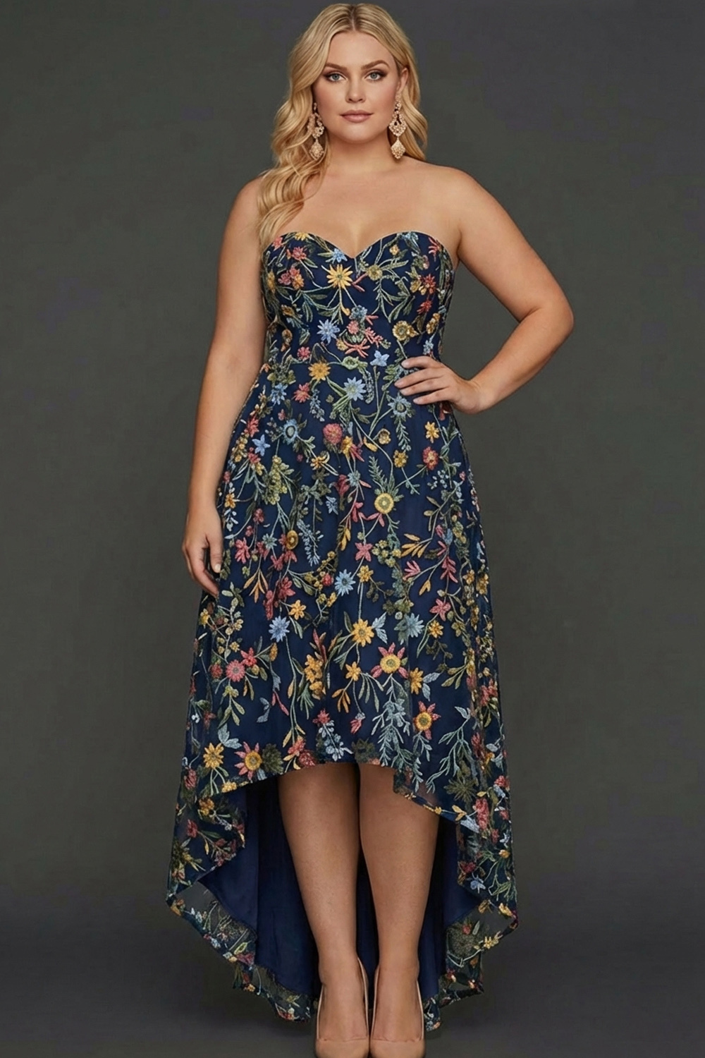 Floral Mauve Sweetheart A Line High Low Plus Size Wedding Guest Dress