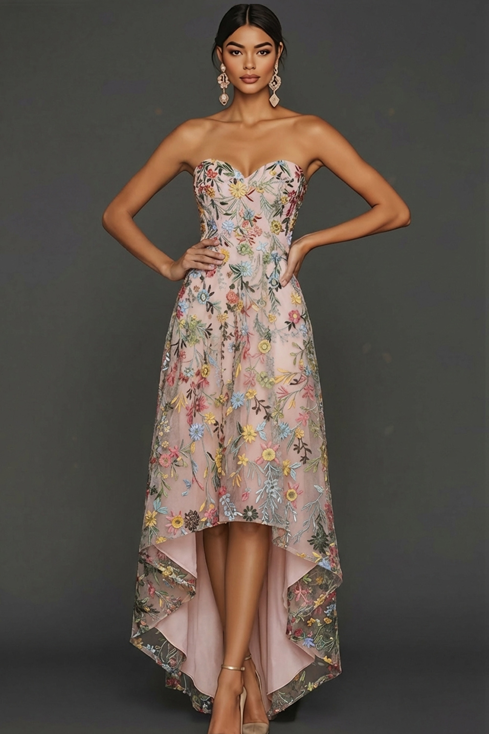 Floral Mauve Sweetheart A Line Asymmetrical Prom Dress