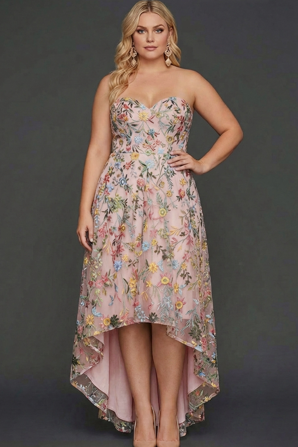 Floral Mauve Sweetheart A Line High Low Plus Size Wedding Guest Dress