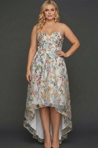 Floral Mauve Sweetheart A Line High Low Plus Size Wedding Guest Dress