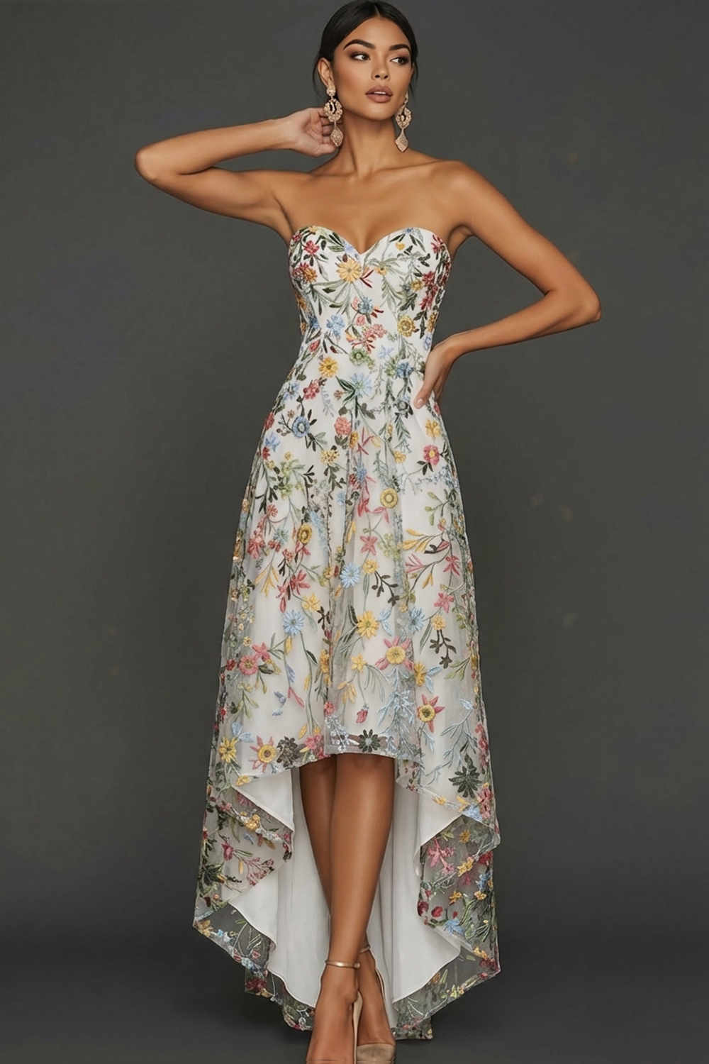 Floral Mauve Sweetheart A Line Asymmetrical Prom Dress