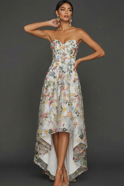 Floral Mauve Sweetheart A Line Asymmetrical Prom Dress