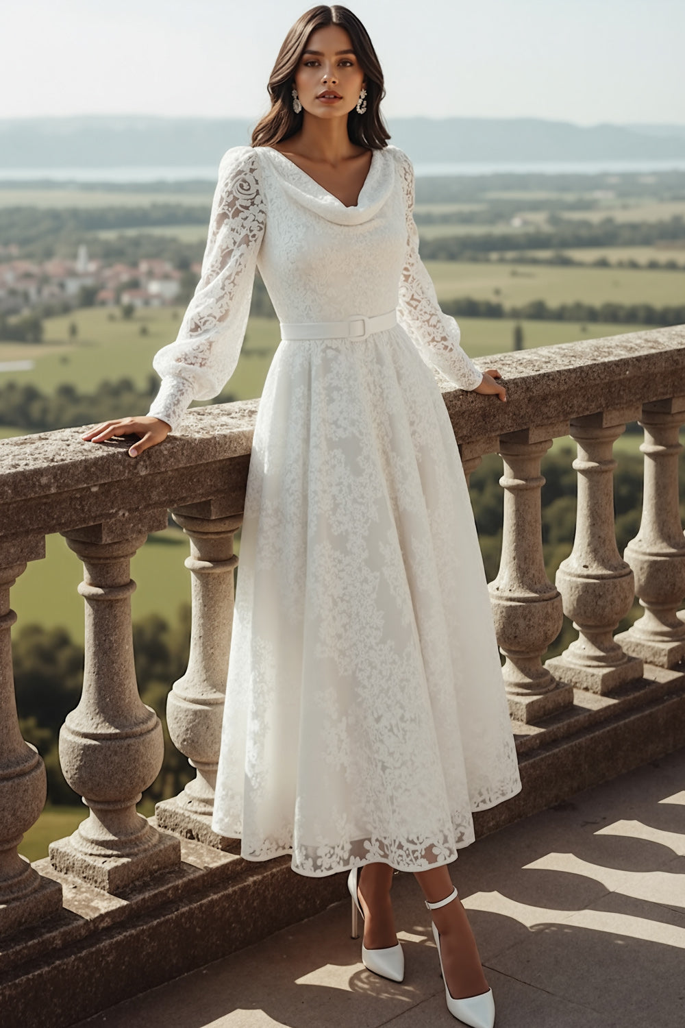 Leely Women Elegant White Maxi Reception Dress with Sleeves Lace A Line Engagement Dress