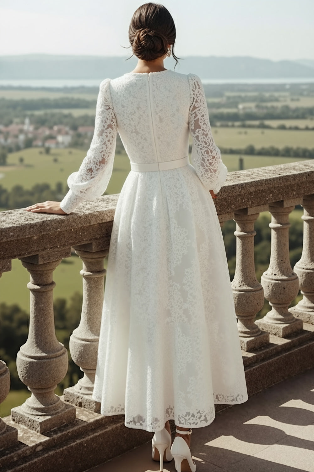 Elegant White Lace A Line Maxi Reception Dress with Sleeves