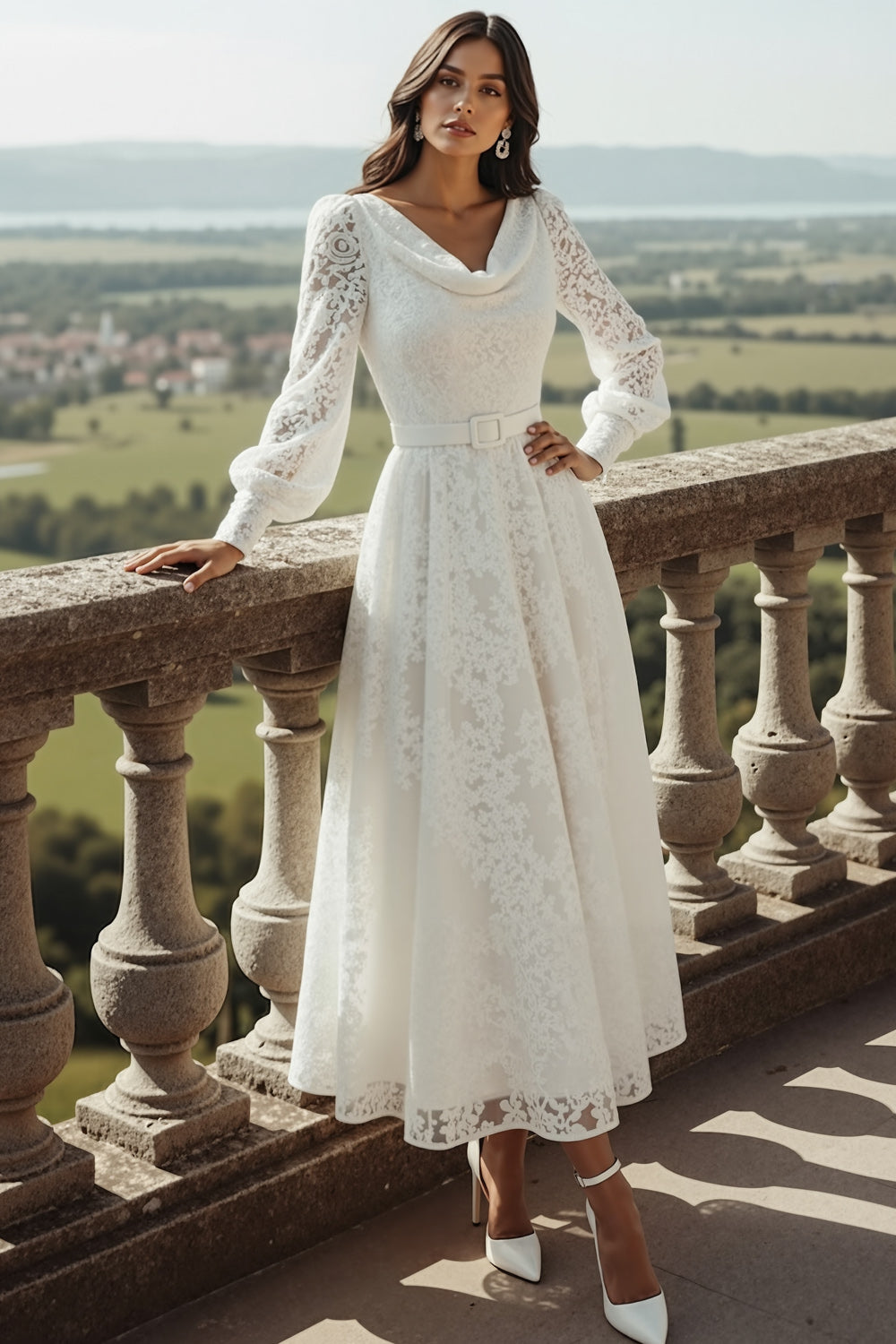 Elegant White Lace A Line Maxi Reception Dress with Sleeves