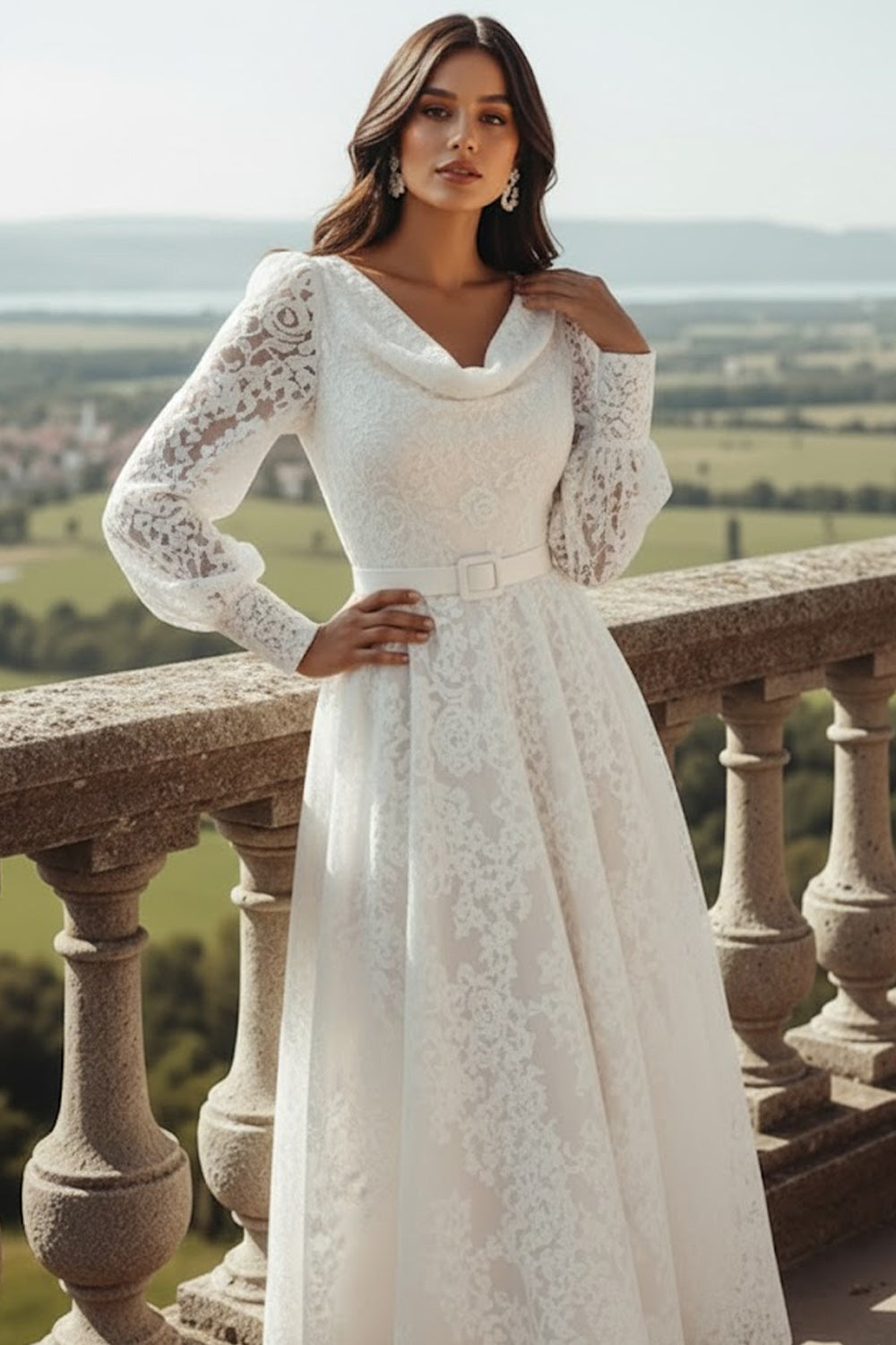 Elegant White Lace A Line Maxi Reception Dress with Sleeves