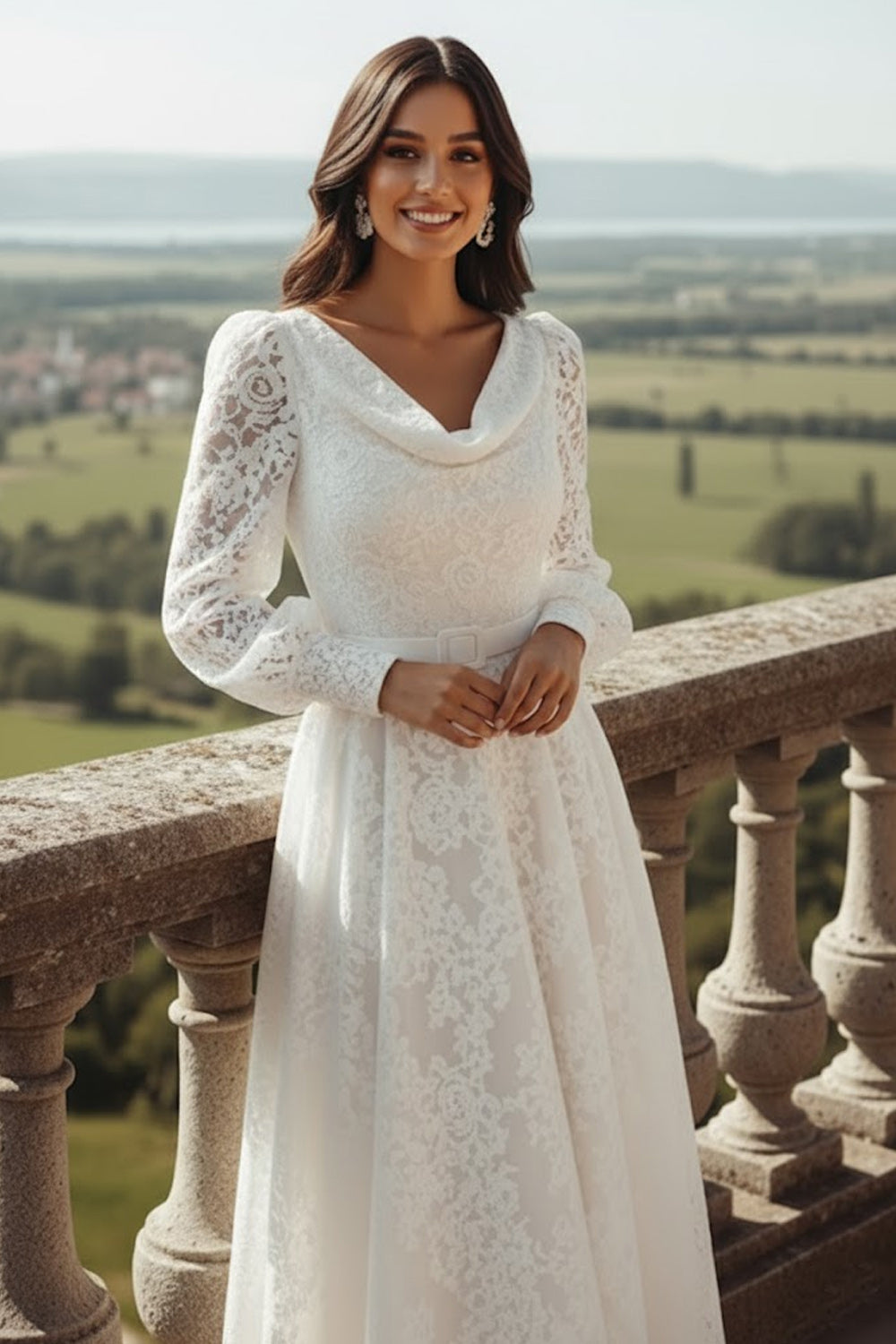 Elegant White Lace A Line Maxi Reception Dress with Sleeves