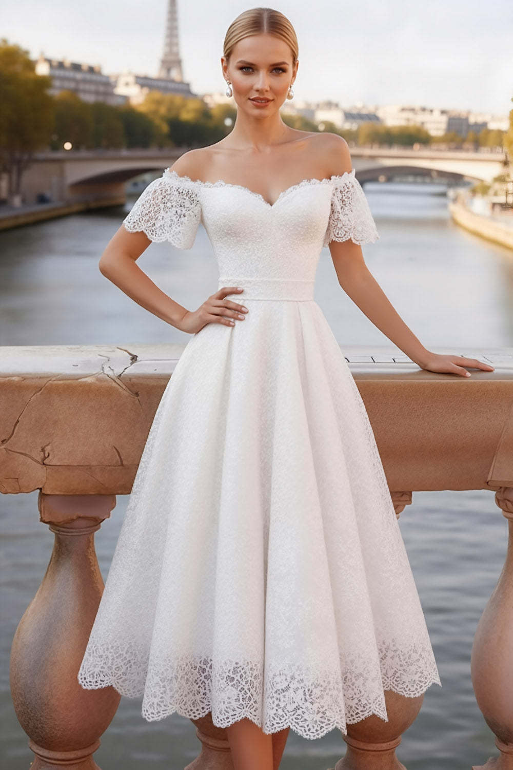 Leely Women Elegant White Lace Midi Engagement Dress Off the Shoulder A Line Bridal Shower Dress