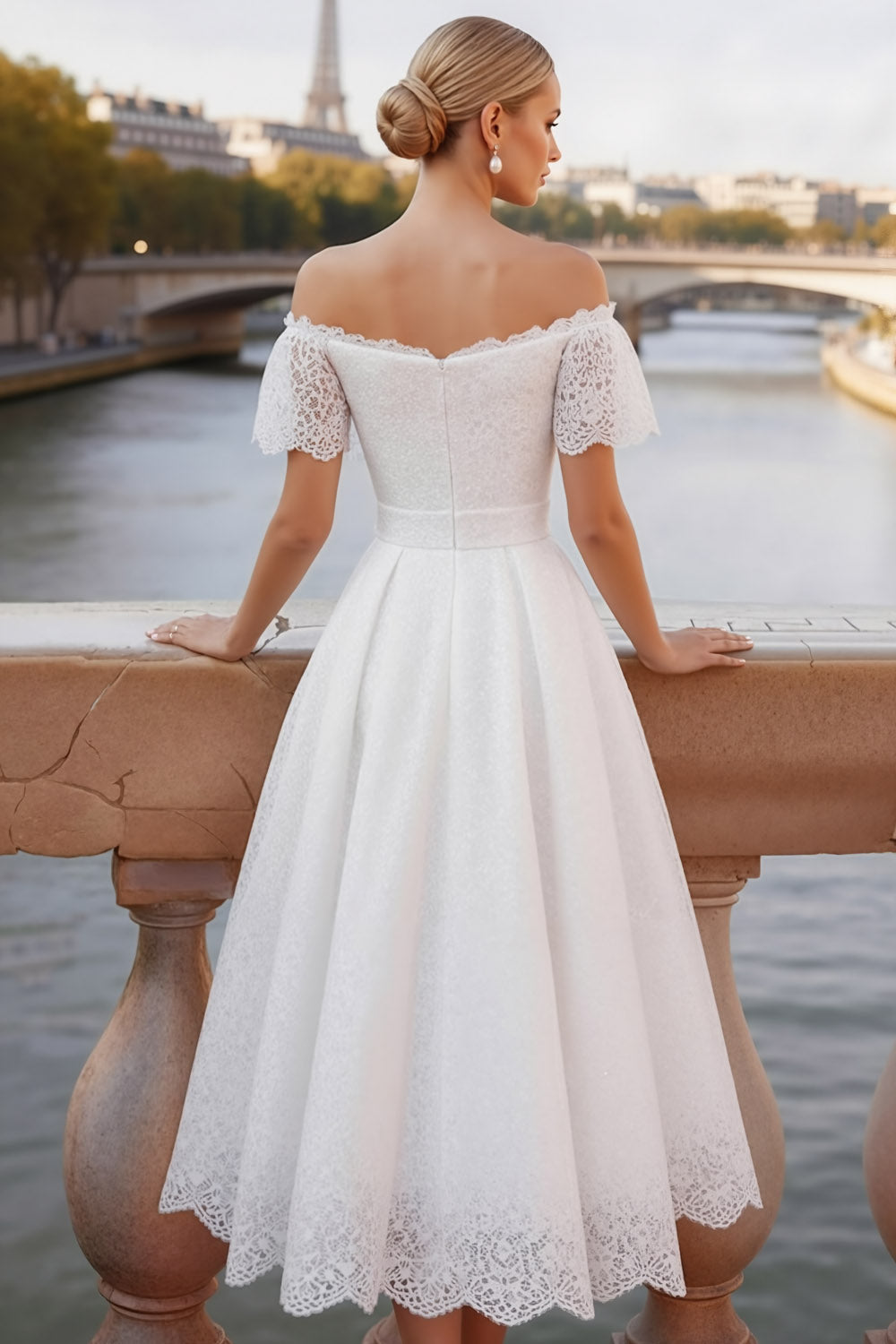 Elegant White Off the Shoulder Lace A Line Midi Engagement Dress