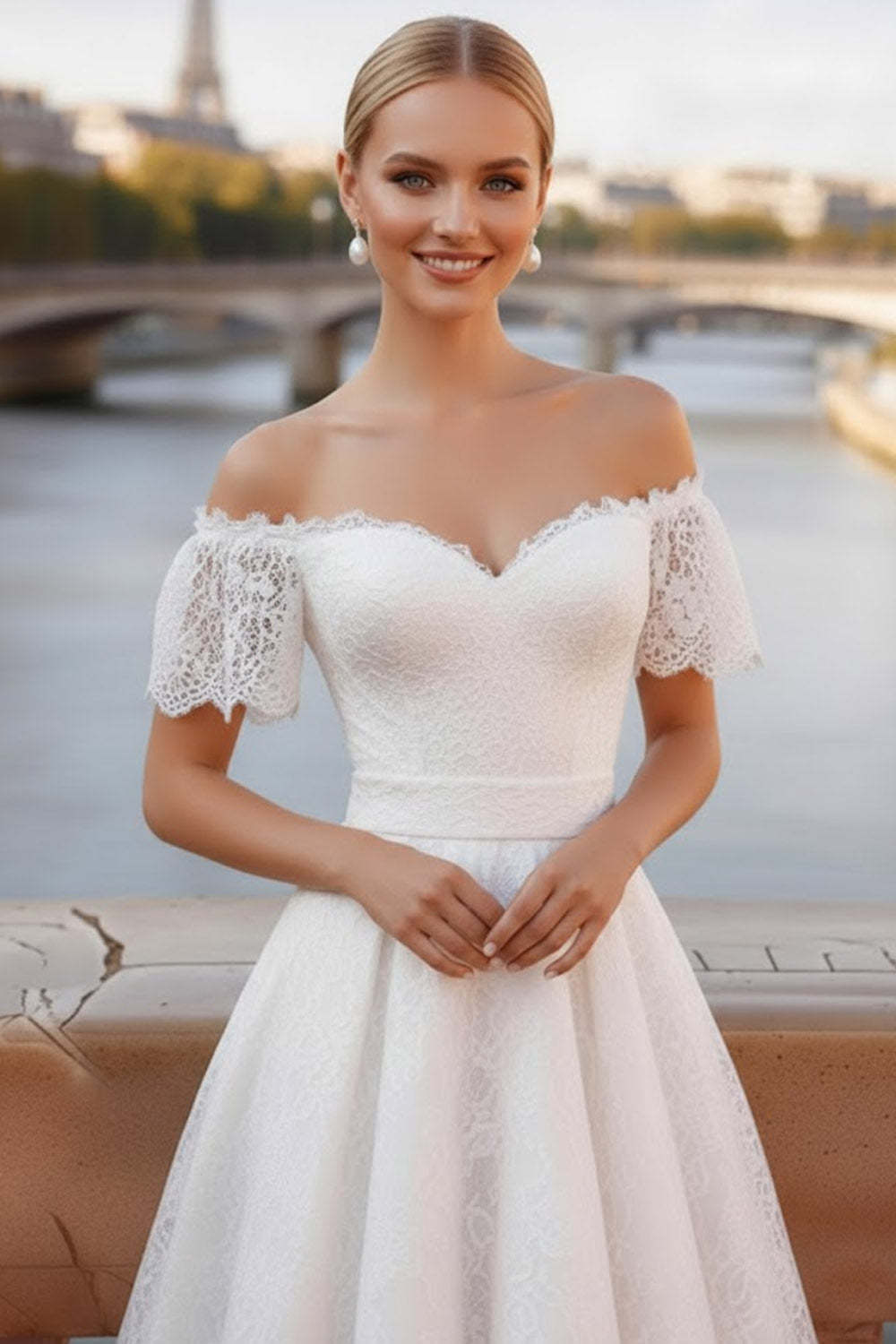 Elegant White Off the Shoulder Lace A Line Midi Engagement Dress