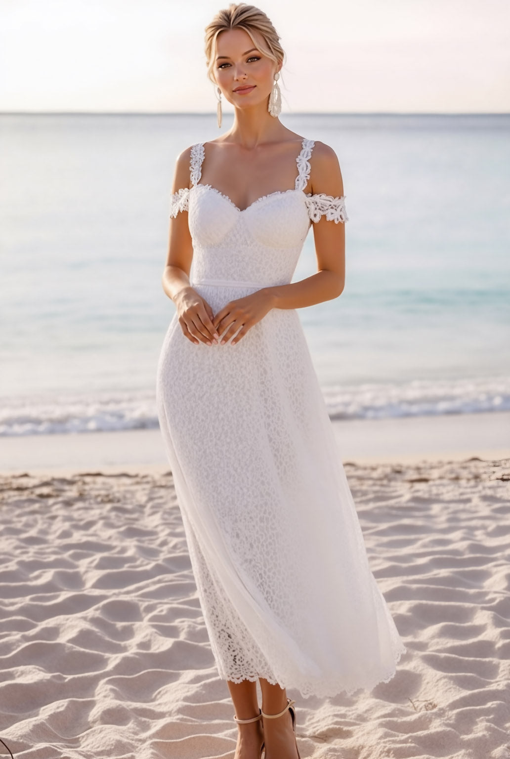 Elegant White Cold Shoulder Lace Maxi Wedding Reception Dress