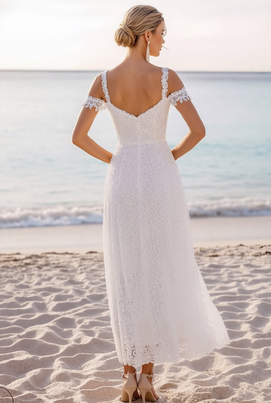 Elegant White Cold Shoulder Lace Maxi Wedding Reception Dress