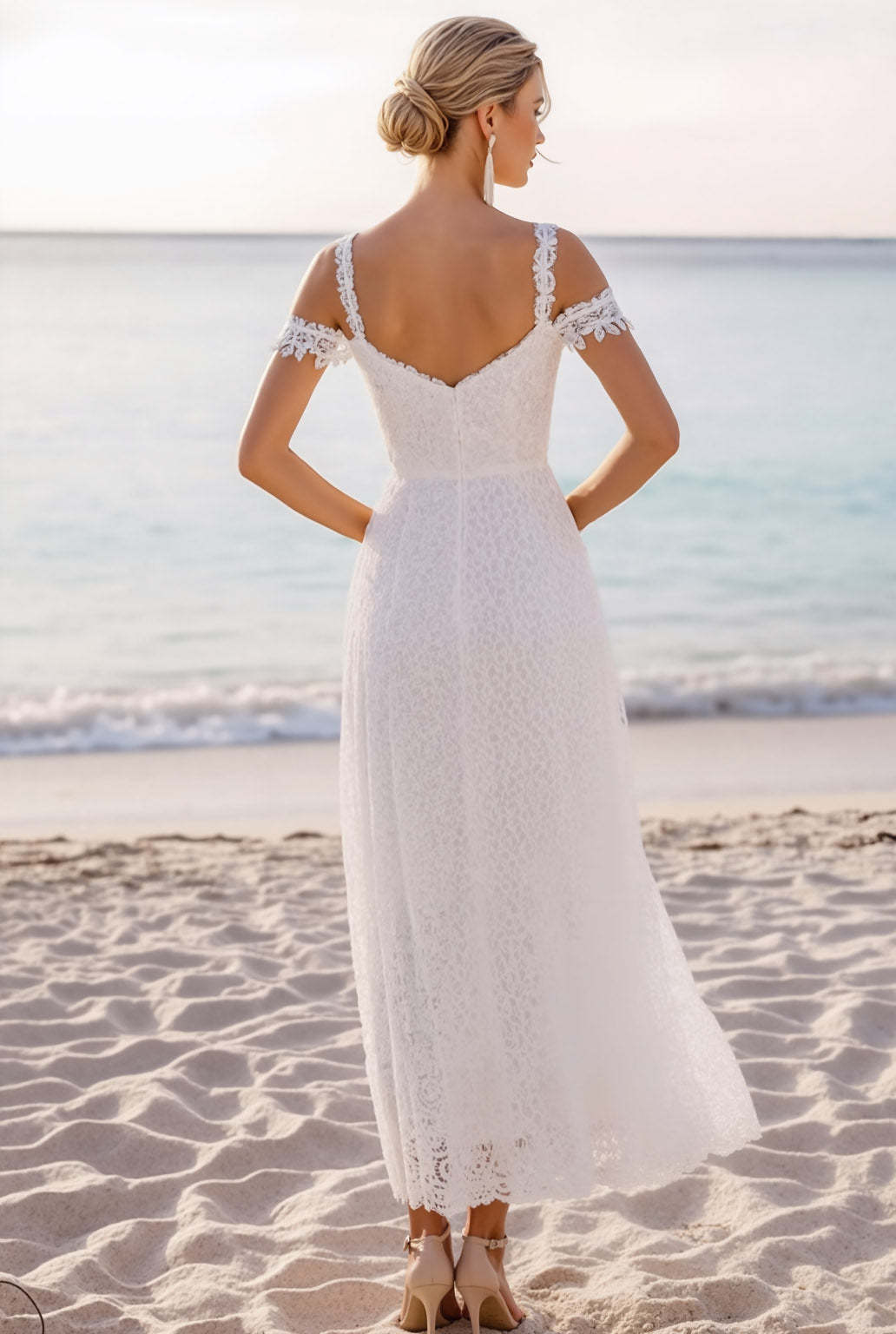 Elegant White Cold Shoulder Lace Maxi Wedding Reception Dress