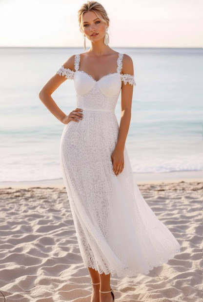 Elegant White Cold Shoulder Lace Maxi Wedding Reception Dress