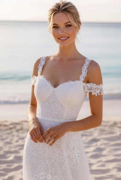 Elegant White Cold Shoulder Lace Maxi Wedding Reception Dress