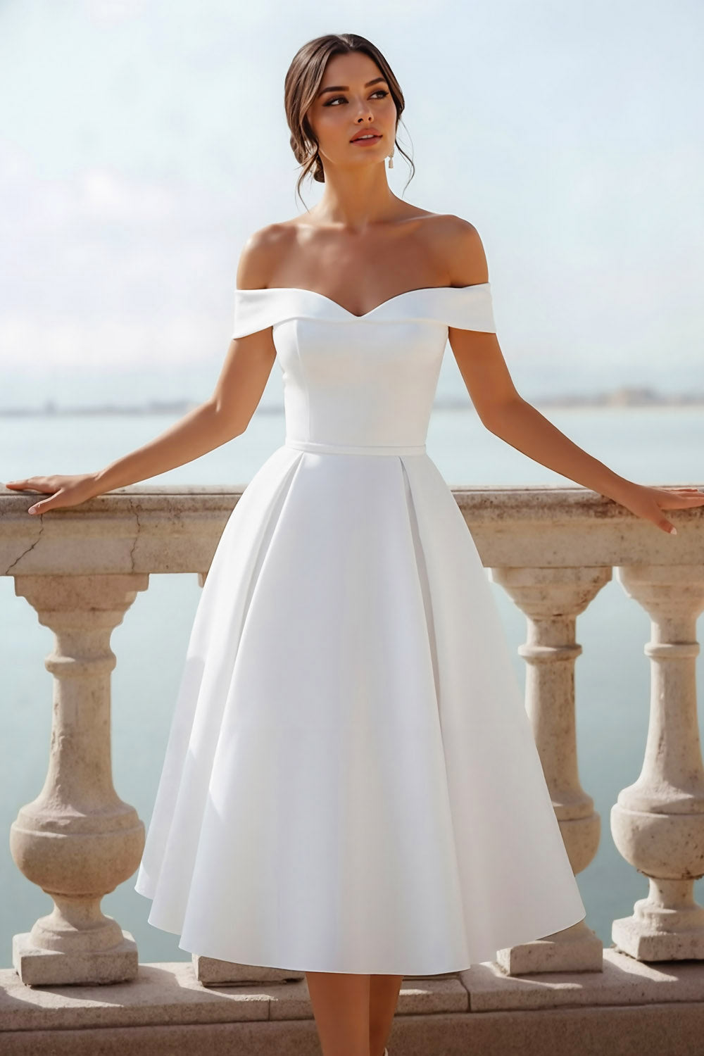 Elegent White Off the Shoulder A Line Midi Engagement Dress