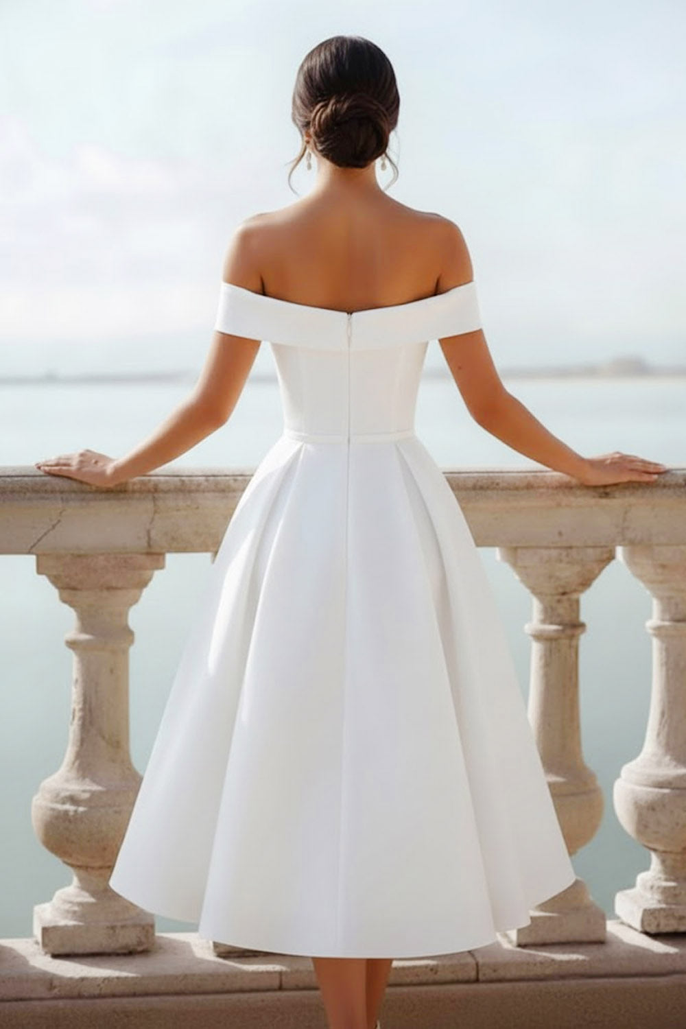 Elegent White Off the Shoulder A Line Midi Engagement Dress