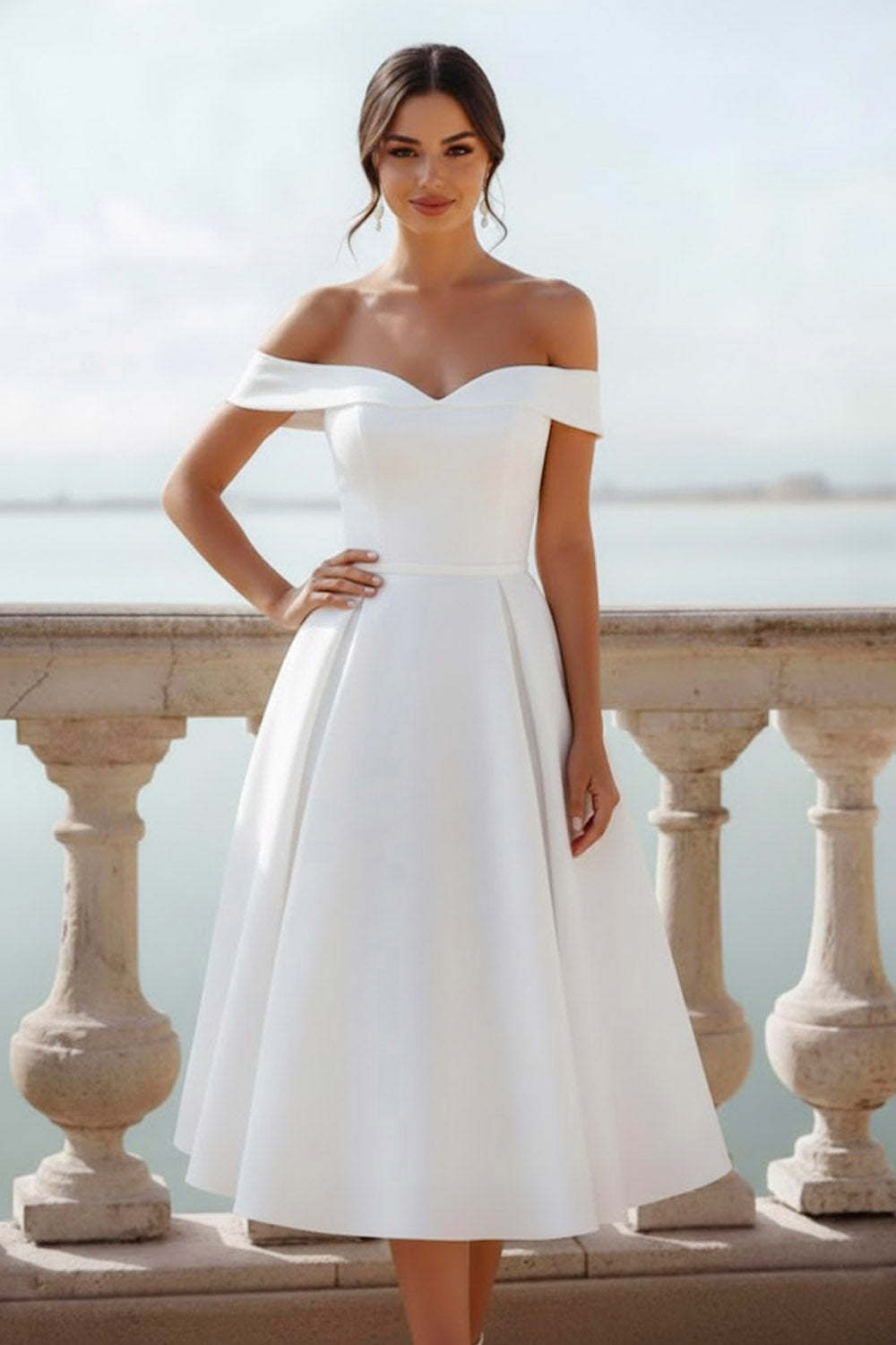Elegent White Off the Shoulder A Line Midi Engagement Dress