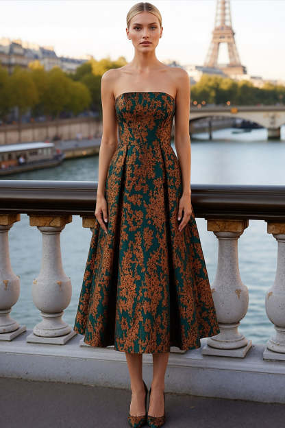 Leely Women Floral Peacock Green Midi Wedding Guest Dress Strapless Burnout Velvet A Line Mother of the Bride Dress