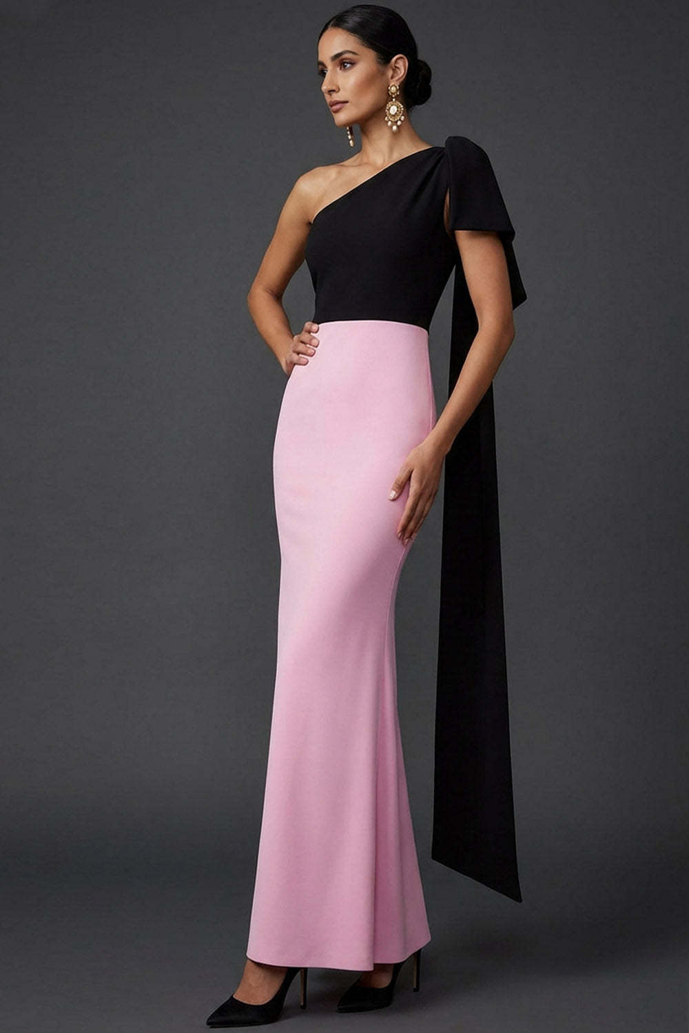 Leely Women Simple Black and Pink Maxi Evening Dress with Side Cape One Shoulder Wedding Guest Dress