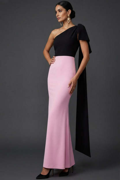 Leely Women Simple Black and Pink Maxi Evening Dress with Side Cape One Shoulder Wedding Guest Dress