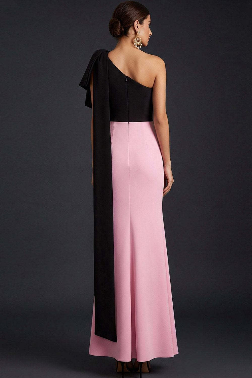 Simple Black and Pink One Shoulder Maxi Evening Dress with Side Cape