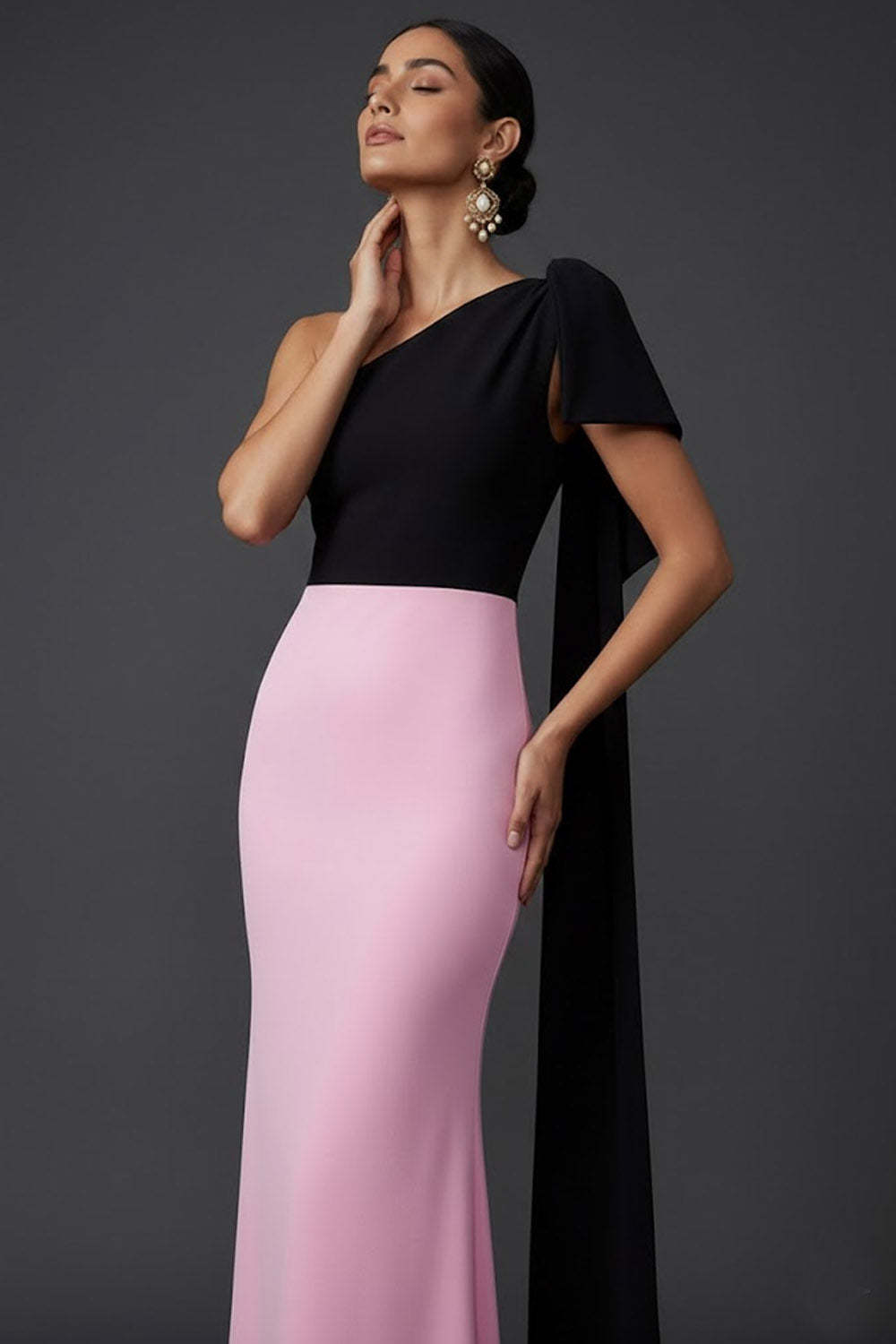 Simple Black and Pink One Shoulder Maxi Evening Dress with Side Cape