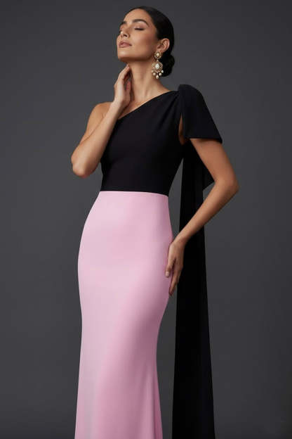 Simple Black and Pink One Shoulder Maxi Evening Dress with Side Cape