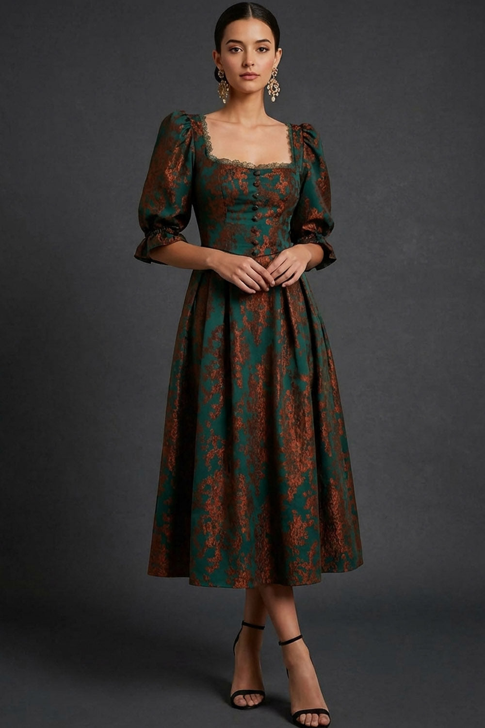 Leely Women Floral Peacock Green Midi Wedding Guest Dress Burnout Velvet Half Sleeves A-Line Square Neck Formal Dress