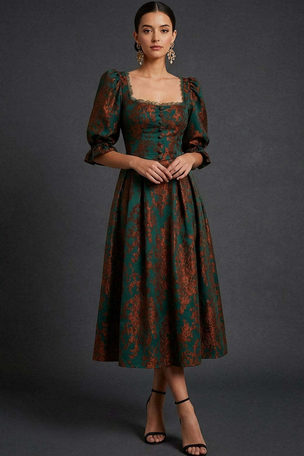 Leely Women Floral Peacock Green Midi Wedding Guest Dress Burnout Velvet Half Sleeves A-Line Square Neck Formal Dress