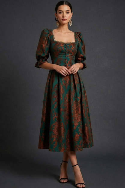 Leely Women Floral Peacock Green Midi Wedding Guest Dress Burnout Velvet Half Sleeves A-Line Square Neck Formal Dress